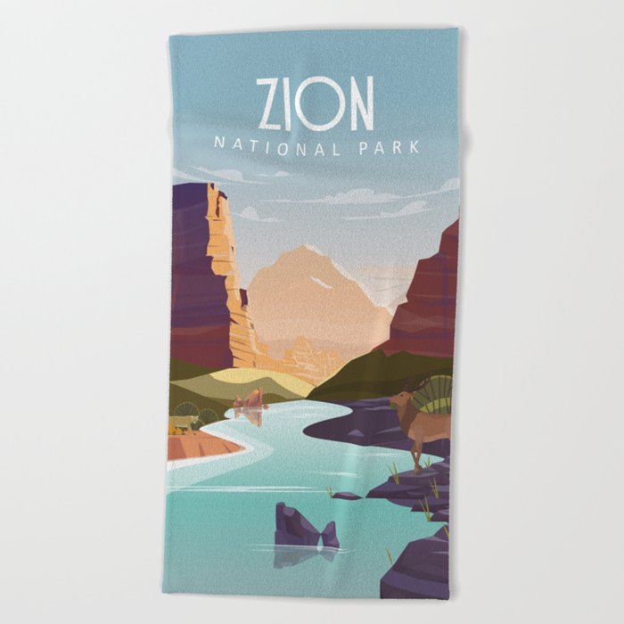 Zion national park  vintage travel poster Beach Towel