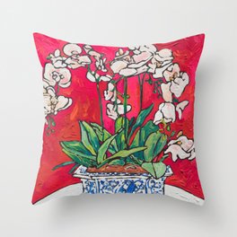 Orchid in Blue-and-white Bird Pot on Red after Matisse Throw Pillow