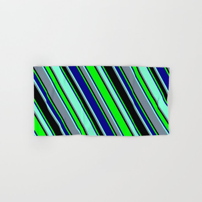 Colorful Black, Lime, Dark Blue, Aquamarine, and Light Slate Gray Colored Lined Pattern Hand & Bath Towel