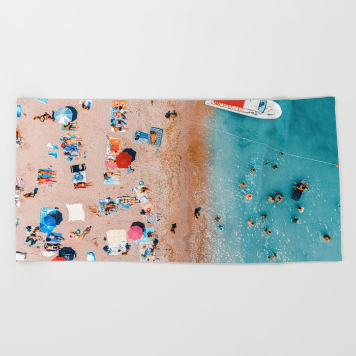 Aerial Beach Print, Summer Sea Waves, Aerial Ocean Waves Print, Aerial Beach Sea Print, Art Print, Blue Ocean, People and Beach Umbrellas Beach Towel