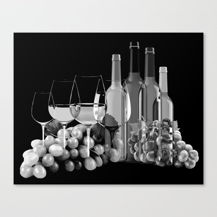 Black and White Graphic Art Composition Of Grapes, Wine Glasses, and Bottles Canvas Print