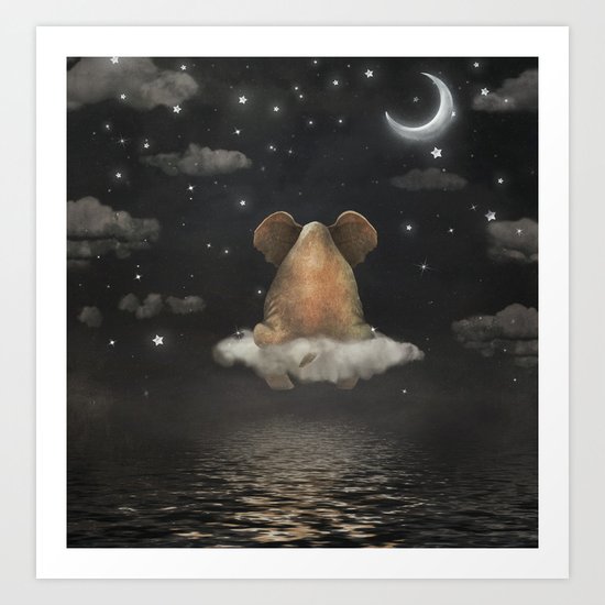 Sad elephant sitting on cloud in night sky Art Print