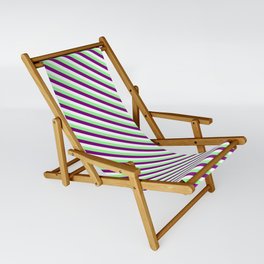 [ Thumbnail: Green, Purple & White Colored Lines/Stripes Pattern Sling Chair ]