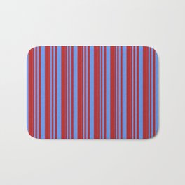 [ Thumbnail: Cornflower Blue & Red Colored Lines/Stripes Pattern Bath Mat ]