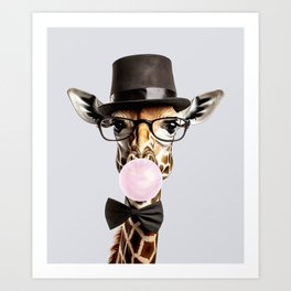 Giraffe wearing glasses and a top hat blowing pink bubble gum Art Print