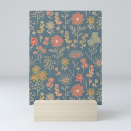 Denim Blue & Coral Floral Mini Art Print