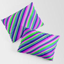 [ Thumbnail: Eyecatching Royal Blue, Blue, Fuchsia, Plum, and Lime Colored Lined/Striped Pattern Pillow Sham ]