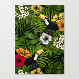 Toucans and tropical flora, green, yellow, red and orange Canvas Print