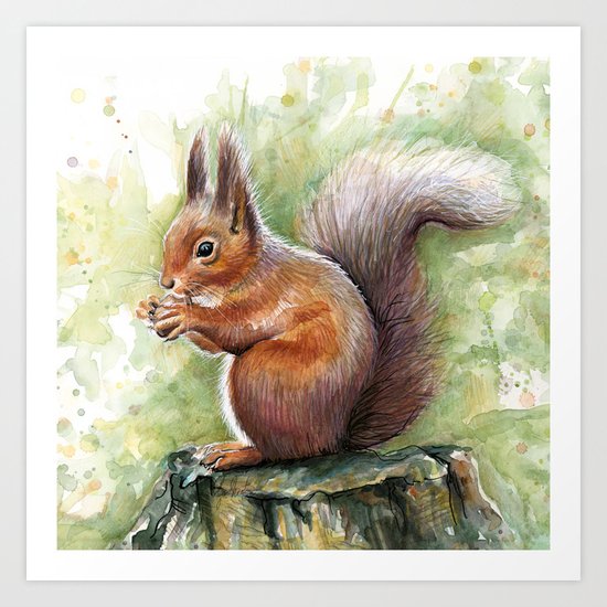 Squirrel and Nut Forest Animals Watercolor Art Print