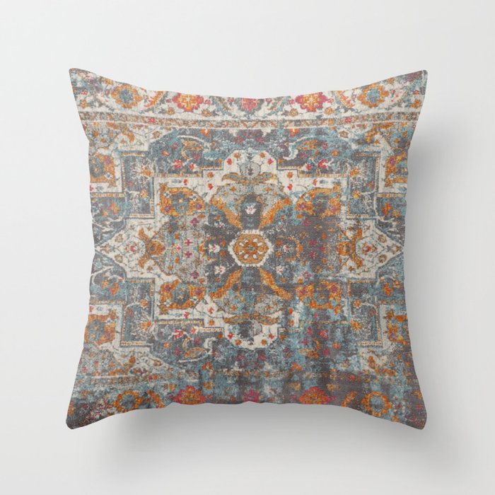 Oriental vintage carpet - orange, grey and blue Throw Pillow