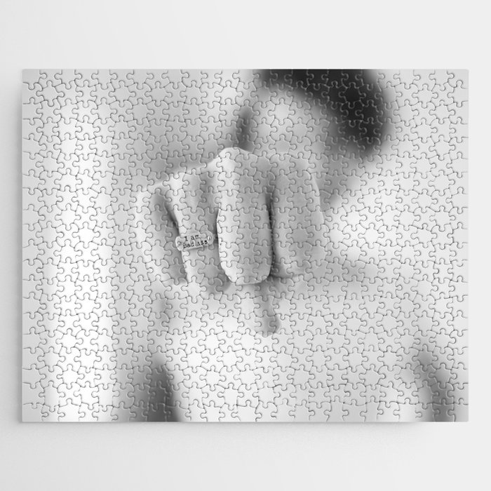 I am a badass; girl power; girls rule femalte fist pump portrait black and white photograph - photography - photographs Jigsaw Puzzle