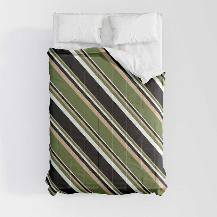 Tan, Dark Olive Green, Mint Cream & Black Colored Stripes Pattern Comforter