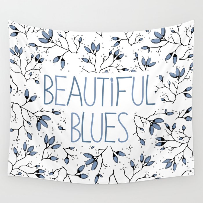 Blue blossom branch pattern on a white background  Wall Tapestry