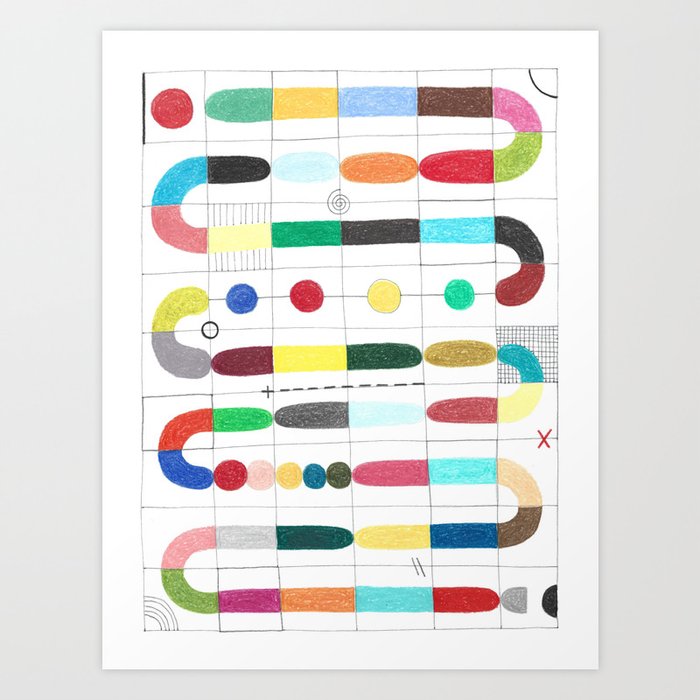 Colorful path. Abstract geometric colorful grid colored pencil whimsical original drawing of mysterious snake. Art Print