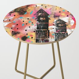 Coral, pink, yellow and black digital abstract whimsical house design Side Table