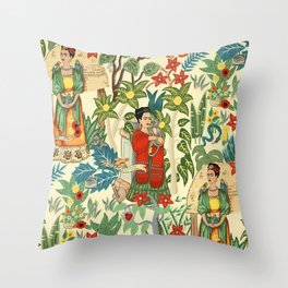 Frida's Coyoacán Mexican Garden of Casa Azul Lush Tropical  floral painting Throw Pillow