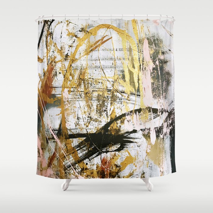 Armor [9]:a bright, interesting abstract piece in gold, pink, black and white Shower Curtain