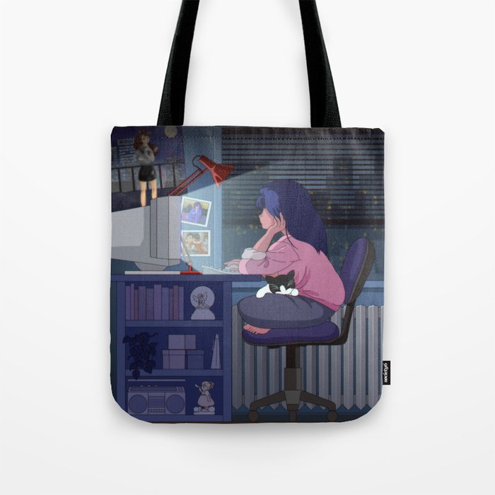 Retro Anime Girl on Computer with Cat Tote Bag