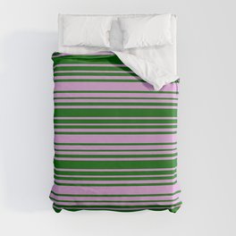 [ Thumbnail: Dark Green and Plum Colored Striped Pattern Duvet Cover ]
