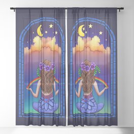 Midnight Window Crescent Moon Meditation - colorful print metaphysical Spiritual art Sheer Curtain