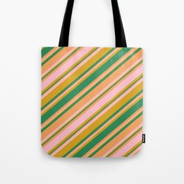 [ Thumbnail: Goldenrod, Sea Green, Brown, and Pink Colored Striped/Lined Pattern Tote Bag ]