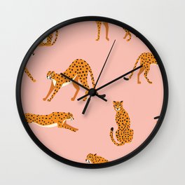 Cheetahs pattern on pink Wall Clock | Decorative, Illustration, Predator, Abstract, Pattern, Africa, Seamless, Leopard, Nature, Print 
