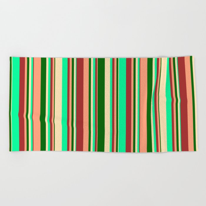 Eye-catching Brown, Green, Beige, Dark Green & Light Salmon Colored Lined/Striped Pattern Beach Towel