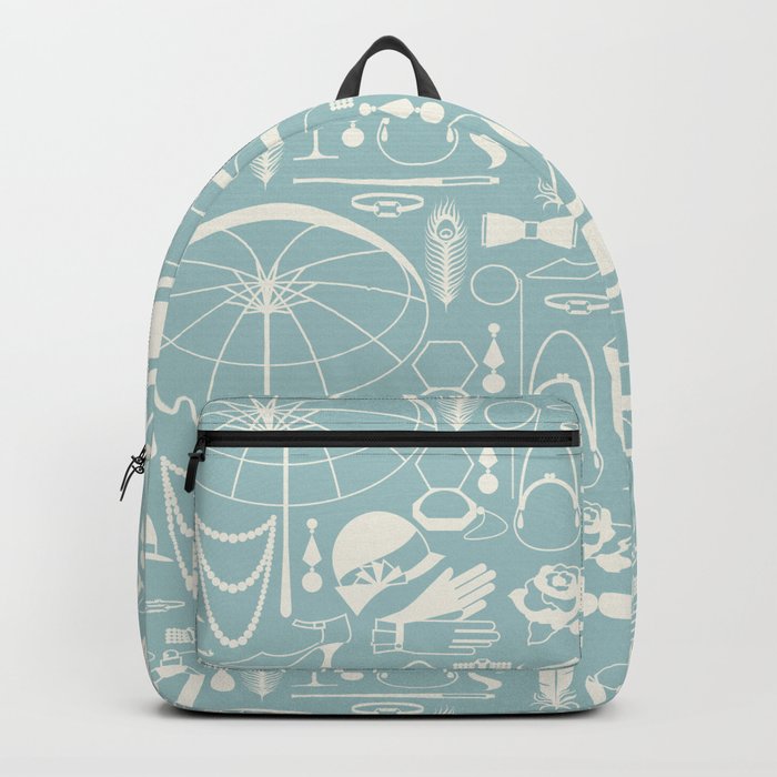 White Old-Fashioned 1920s Vintage Pattern on Sage Turquoise Backpack