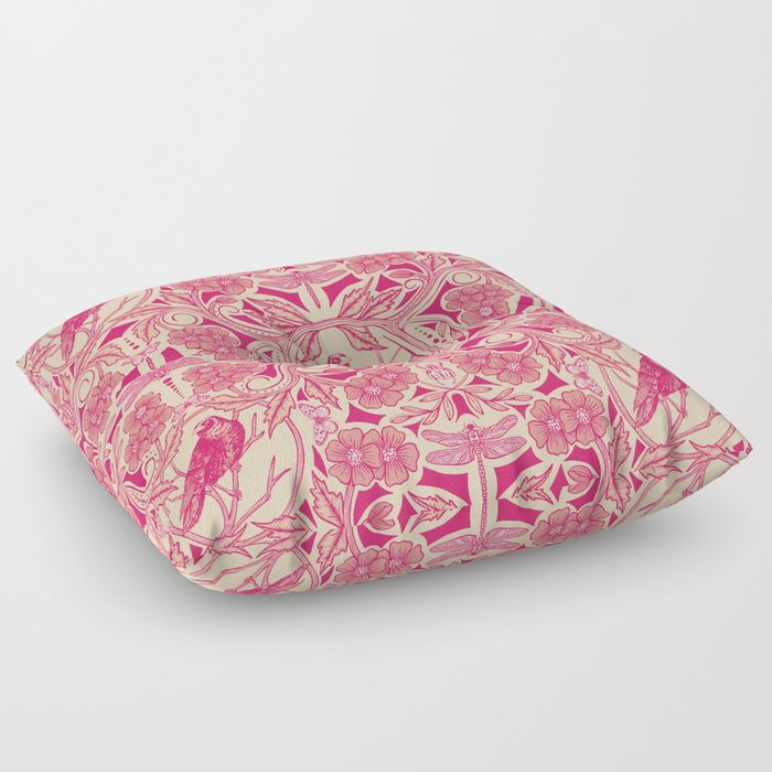 Hot Pink/Red & Cream Crow & Dragonfly Floral Floor Pillow