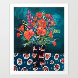 California Poppy and Wildflower Bouquet on Emerald with Tigers Still Life Painting Art Print