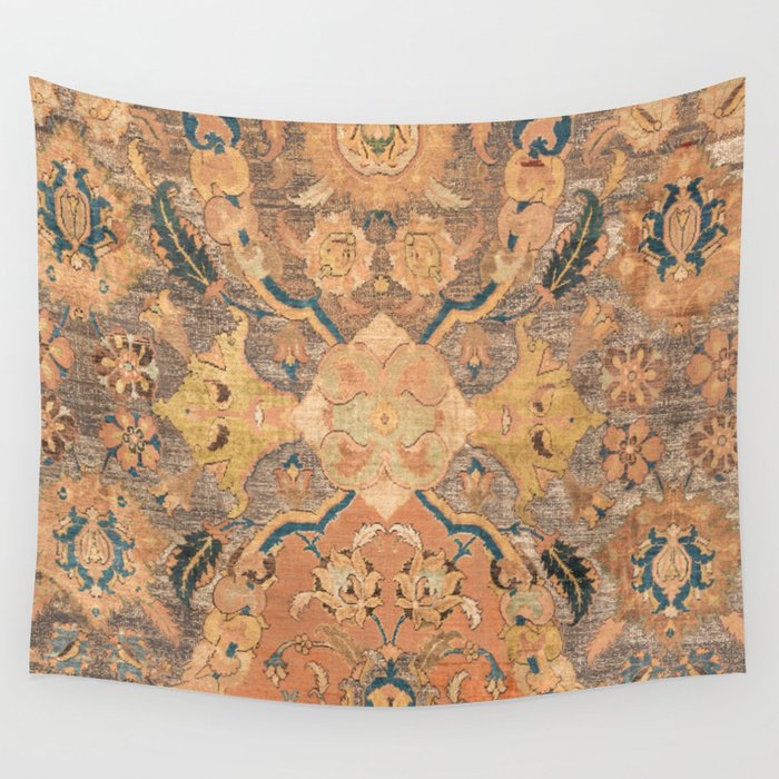 Persian Motif III // 17th Century Ornate Rose Gold Silver Royal Blue Yellow Flowery Accent Rug Patte Wall Tapestry