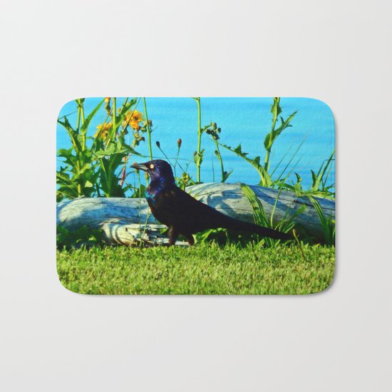 Bright Eyed Black Bird Bath Mat