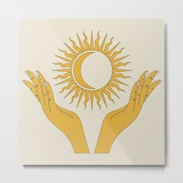 Yellow Hands Sun And Moon Celestial Design Metal Print