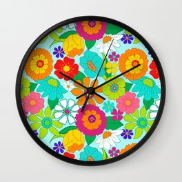 Retro Groovy Hippie Flowers Pattern Wall Clock