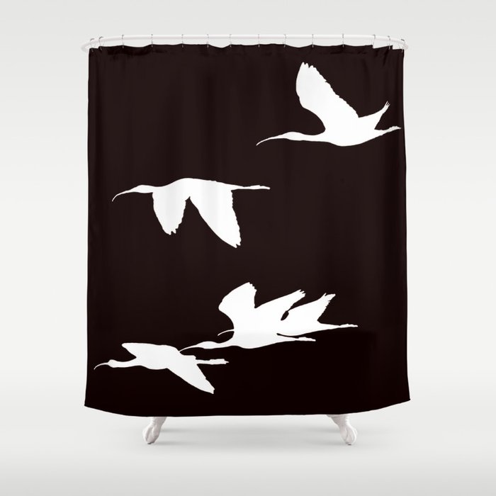 White Silhouette of Glossy Ibises In Flight Shower Curtain