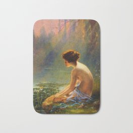 Classical Masterpiece 'Seated Nude by Lily Pond' by Louis Comfort Tiffany Bath Mat | Nudewoman, Redhead, Seminude, Landscape, Beautiful, Curated, Tiffany, Seatednude, Beauty, Artnouveau 