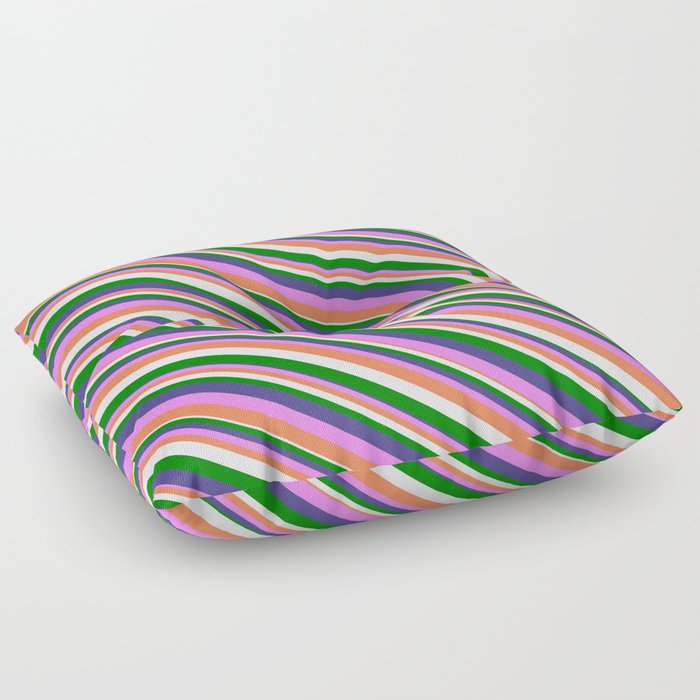 Dark Slate Blue, Violet, Coral, White, and Green Colored Lined/Striped Pattern Floor Pillow