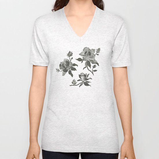 Black Magnolia Pattern Unisex V-Neck