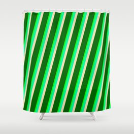 [ Thumbnail: Lime, Green, Tan & Dark Green Colored Striped/Lined Pattern Shower Curtain ]