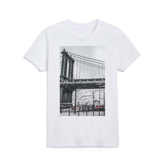 Manhattan Bridge during winter snowstorm blizzard in New York City Kids T Shirt