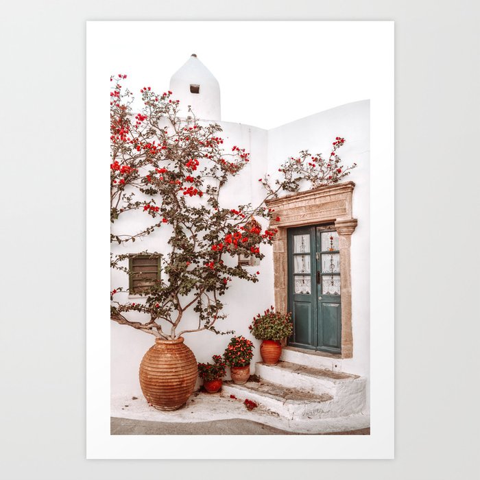 Green Front Door in Greek Islands, Orange Flowers in Greece, Travel Architecture Photography Art Print