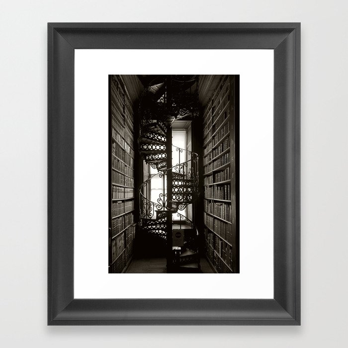 Trinity College, Dublin, Ireland, iron spiral stairs in Library College Long Room black and white photograph Framed Art Print