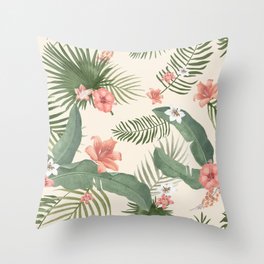 Tropical Coral Flower & Leaf Pattern Throw Pillow