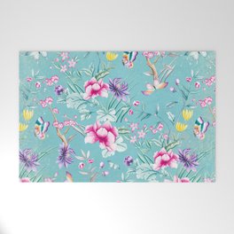 Pastel Teal Vintage Roses and Butterflies Pattern Welcome Mat