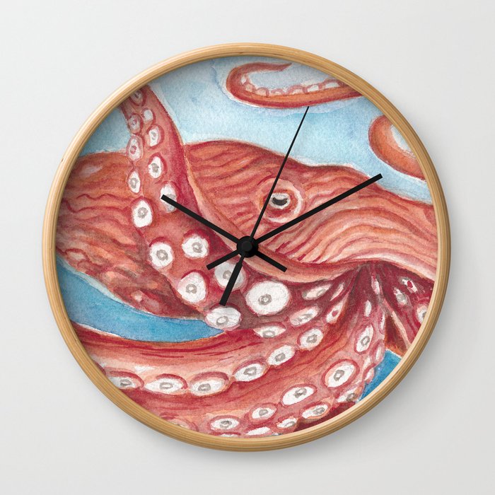 Giant Pacific Red Octopus Watercolor  Wall Clock