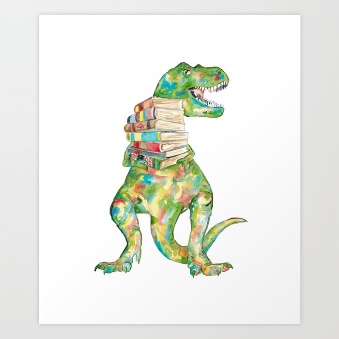 Gig dino trex reading book library Painting Wall Poster Watercolor Art Print