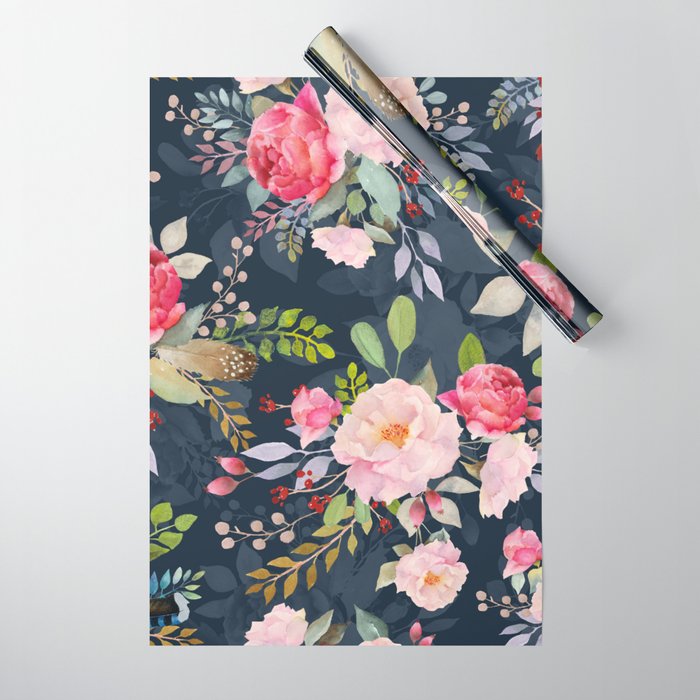Botanical Wrapping Paper, Leaf and Flower Wrapping Paper, Pink