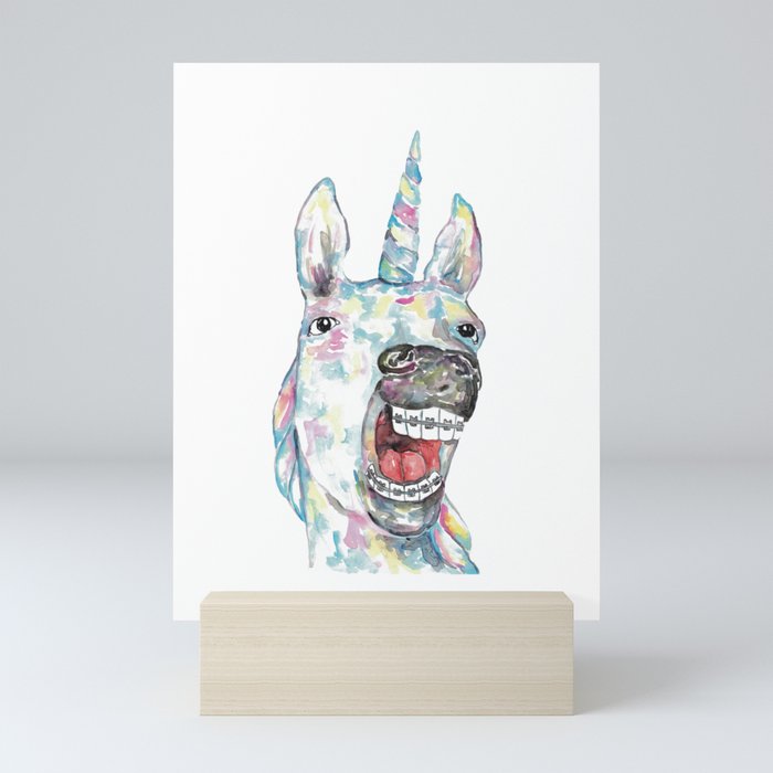 Unicorn braces teeth painting watercolour Mini Art Print