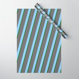 [ Thumbnail: Dim Gray, Light Sky Blue, and Dark Green Colored Pattern of Stripes Wrapping Paper ]