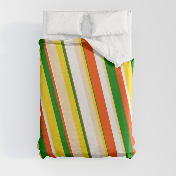 Eye-catching Yellow, Beige, White, Red & Green Colored Pattern of Stripes Duvet Cover